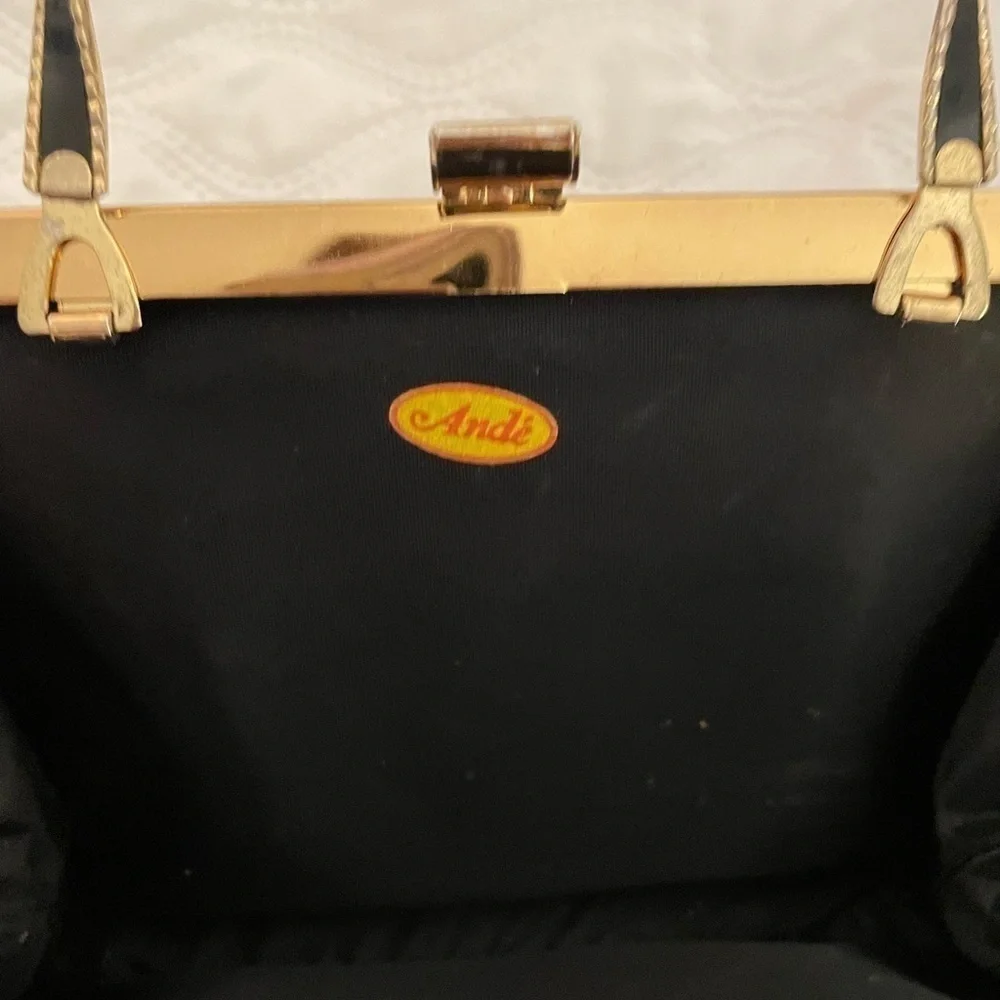 Ande' Evening Clutch w/Gold Twisted Handle 1960’s Vintage Black Patent.GORGEOUS!